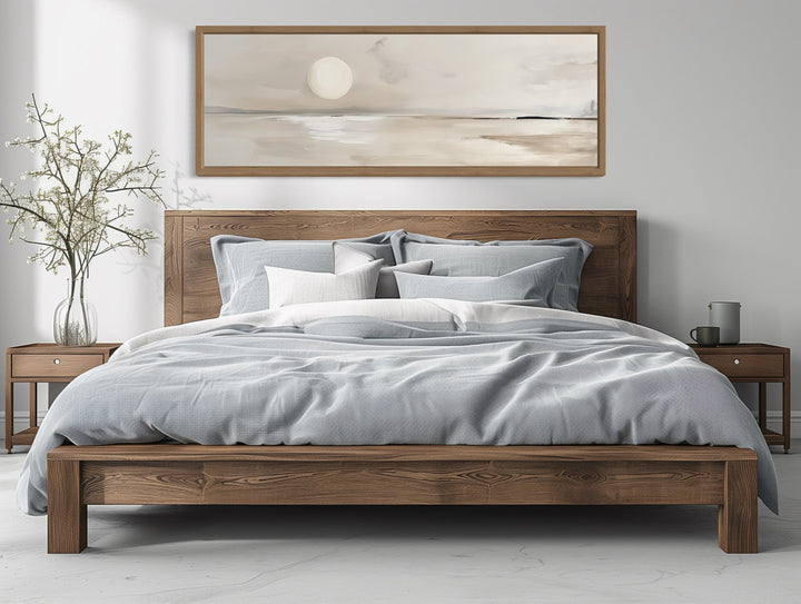 Long Horizontal Neutral Coastal Landscape With Moon Above Bed Wall Art above bed