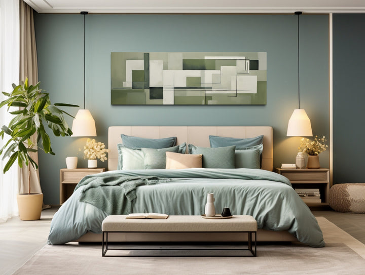 Sage Green Geometric Bauhaus Above Bed Long Horizontal Wall Art