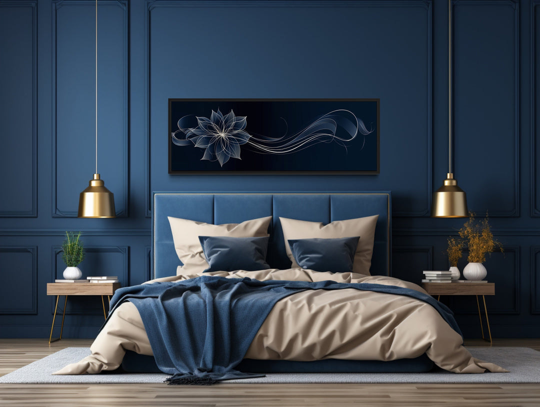 Navy Blue Over Minimalist Flower Line Art Canvas Wall Art in bedroom