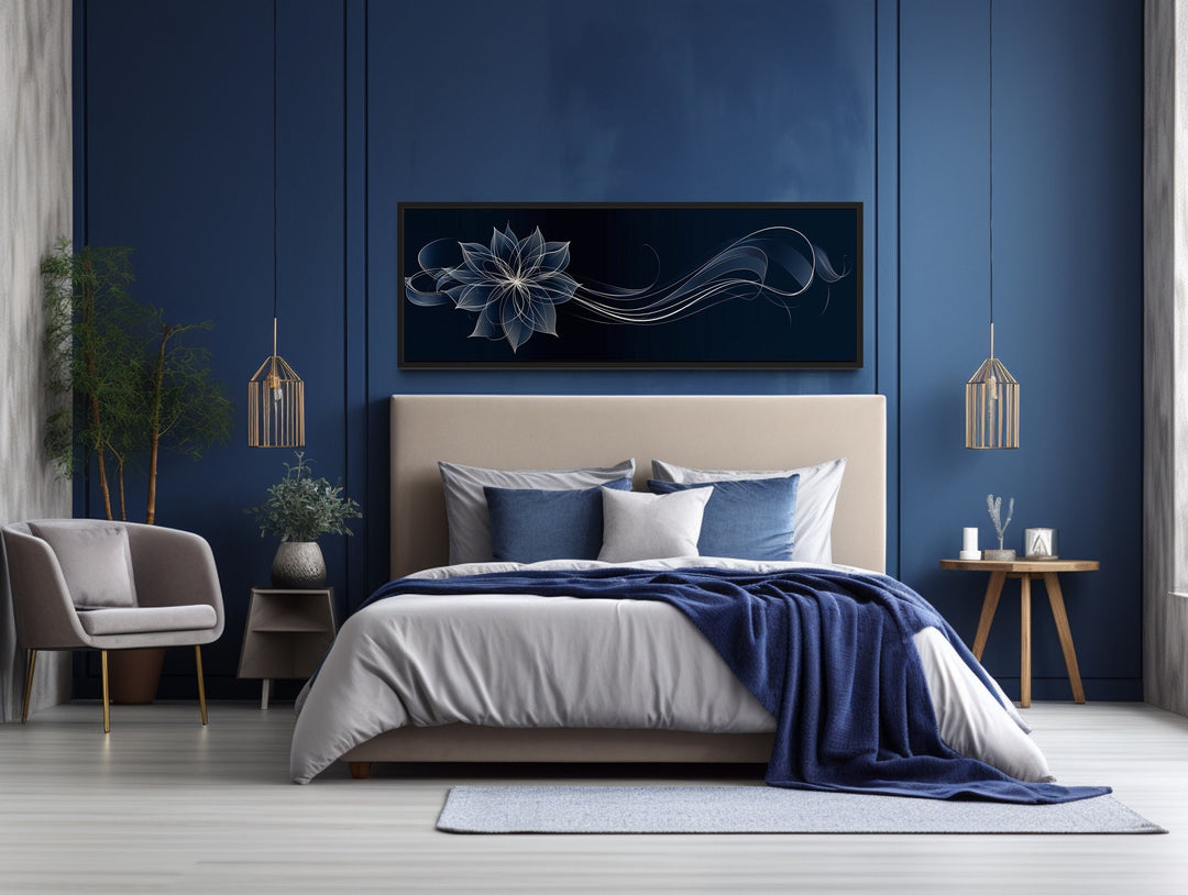 Navy Blue Over Above Bed Minimalist Flower Line Art Canvas Wall Art