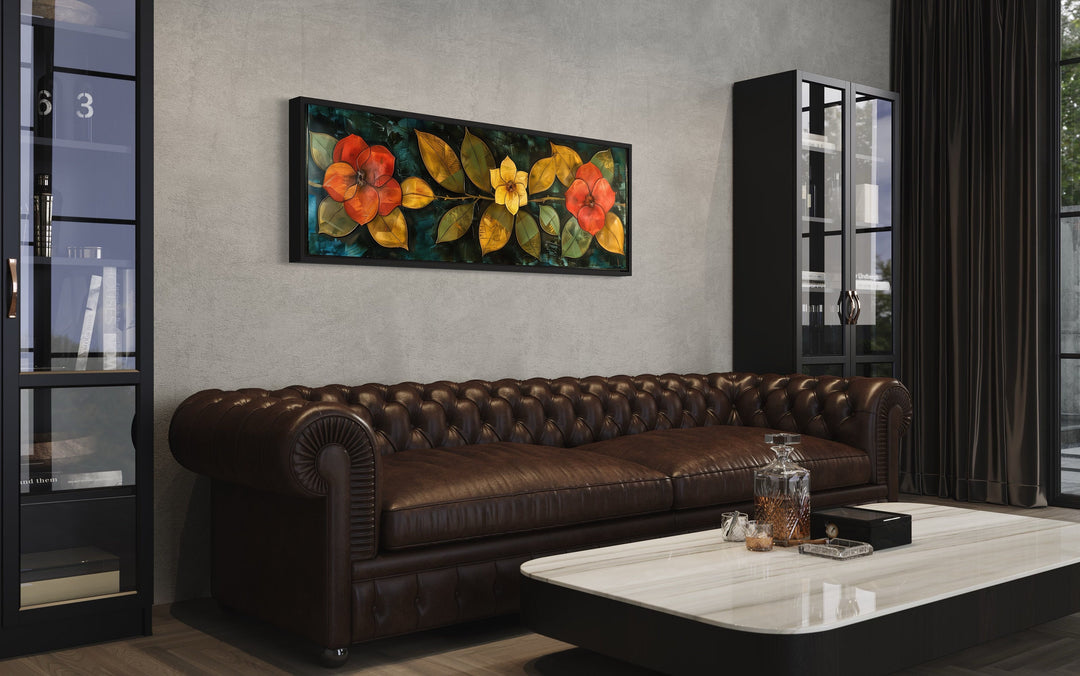Large Green Red Floral Long Horizontal Living Room Framed Canvas Wall Art in living room