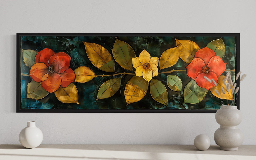 Large Green Red Floral Long Horizontal Living Room Framed Canvas Wall Art close up