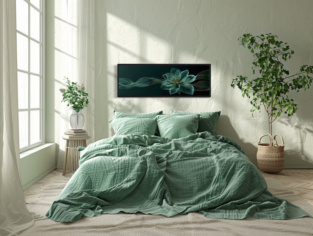 Emerald Green Minimalist Flower Long Horizontal Wall Art above green bed