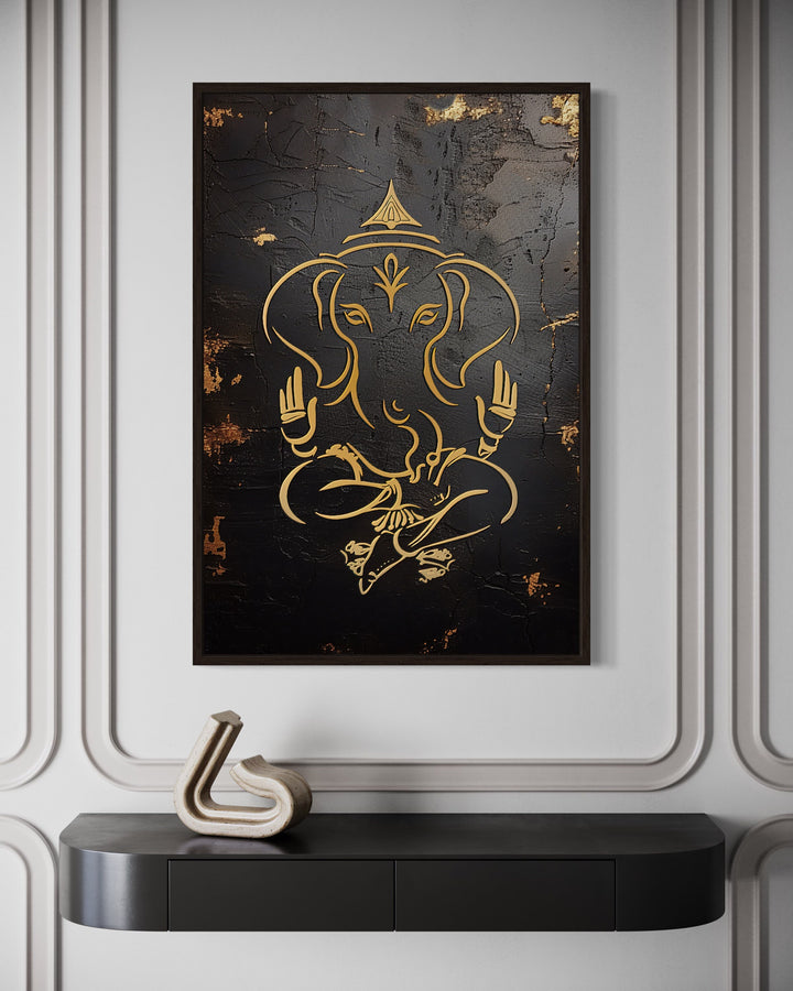 Minimalist Black Gold Ganesha Wall Art close up