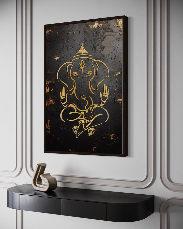 Minimalist Black Gold Ganesha Wall Art side view