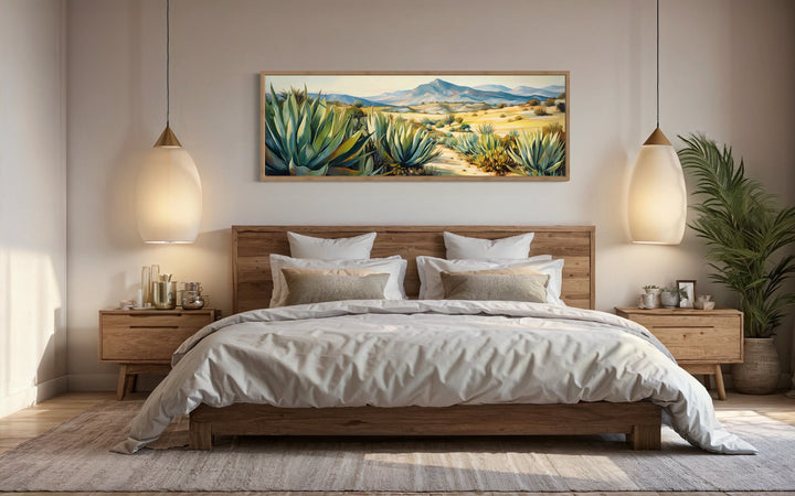 Desert Agave Mexican Landscape Horizontal Wall Art Above wooden Bed