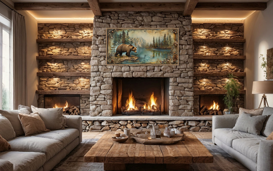 Grizzly Bear Rustic Cabin Wall Decor above fireplace