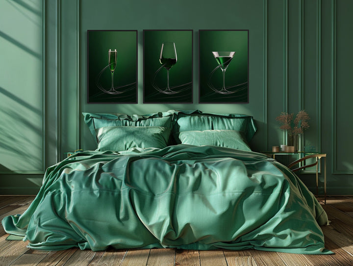Wine Glass, Martini and Champagne Flute Emerald Green paintings above green bed