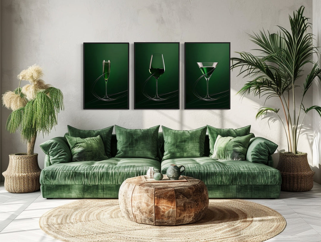 Wine Glass, Martini and Champagne Flute Emerald Green wall art above green couch
