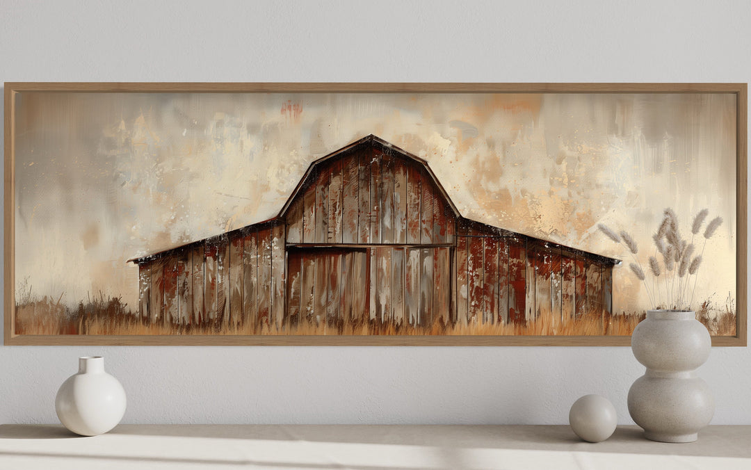 Rustic Brown Barn Panoramic Farmhouse Framed Canvas Wall Art close up