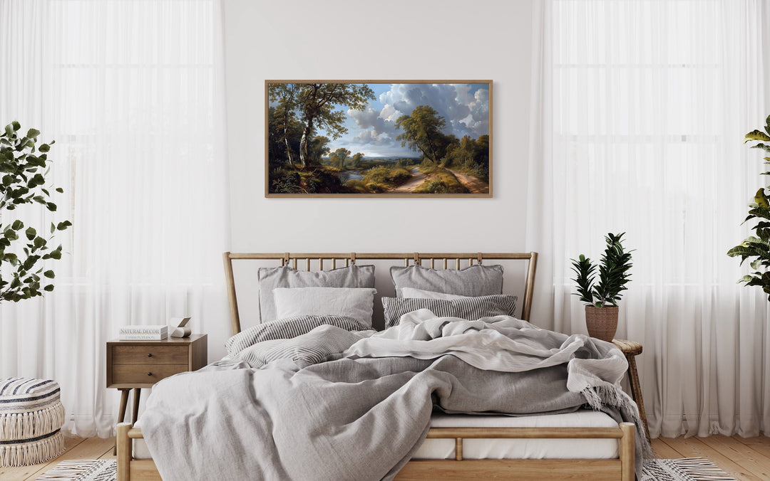 Antique Style Nature River Landscape Framed Canvas Wall Art above wooden bed