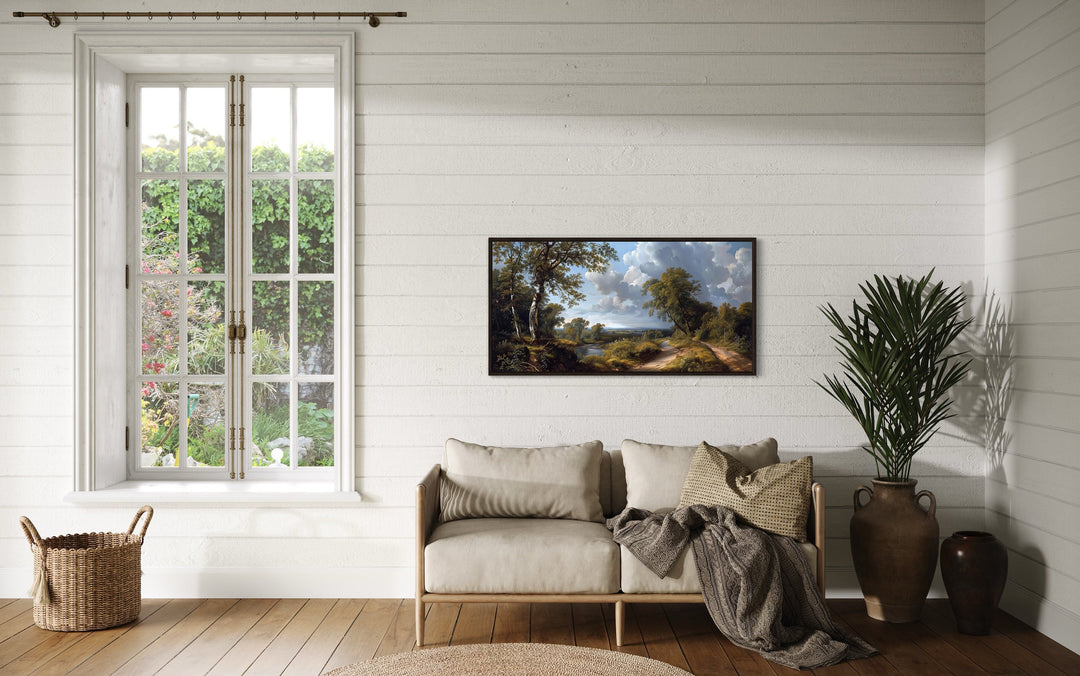 Antique Style Nature River Landscape Framed Canvas Wall Art in rustic room