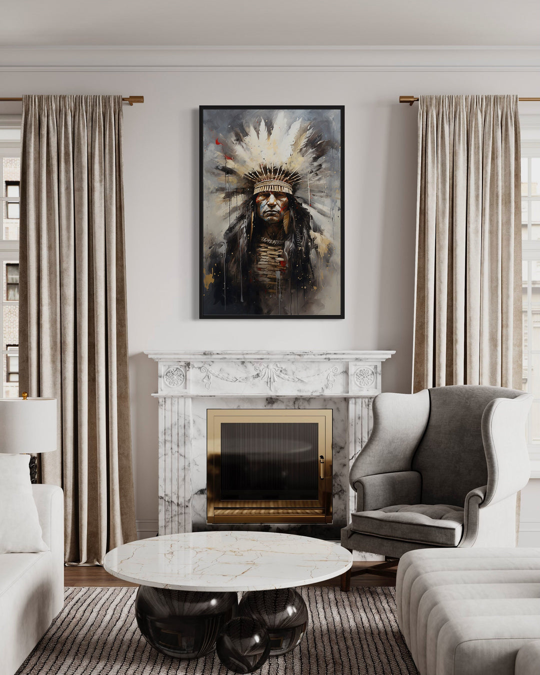 Aztec Chief Southwestern Framed Canvas Wall Art above fireplace