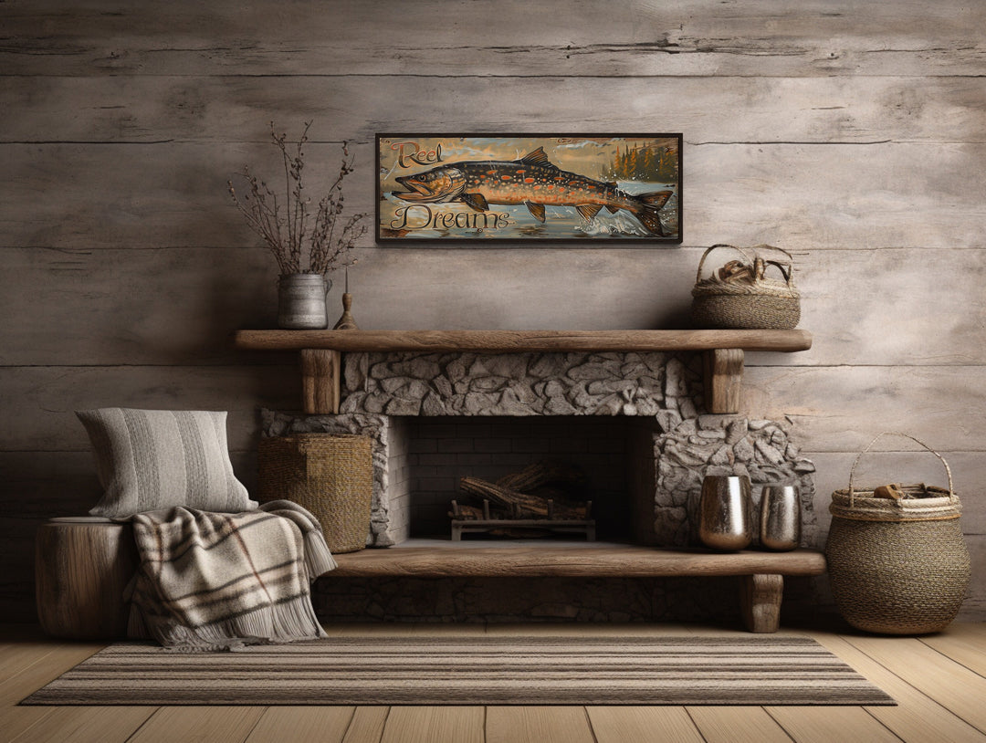 Pike Fish Fishing Sign Lodge Decor Framed Canvas Wall Art above fireplace