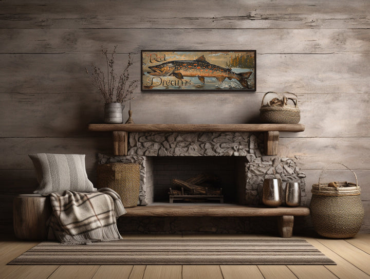 Pike Fish Fishing Sign Lodge Decor Framed Canvas Wall Art above fireplace