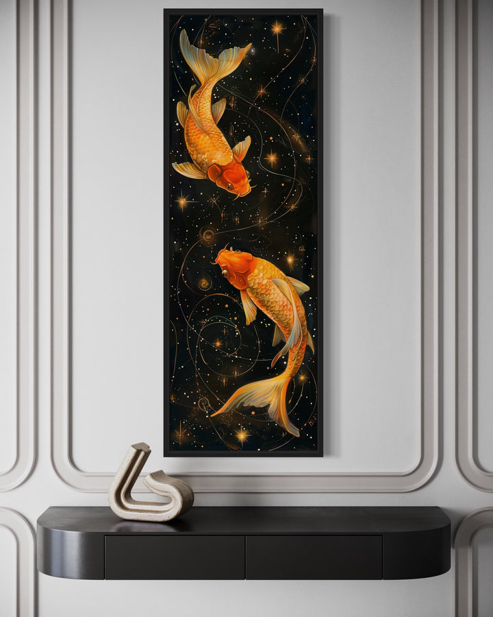 close up of Tall Narrow Gold Fish On Black Vertical Wall Art Aqua Gleam"