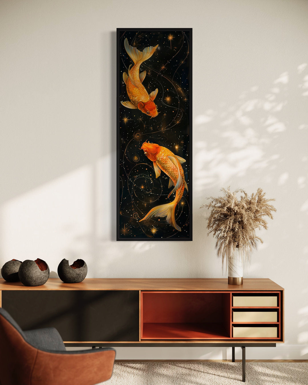 Tall Narrow Gold Fish On Black Vertical Wall Art Aqua Gleam" over modern furniture