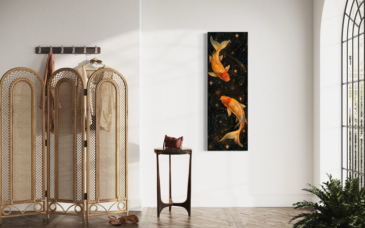 Tall Narrow Gold Fish On Black Vertical Wall Art Aqua Gleam" in the corner of a room
