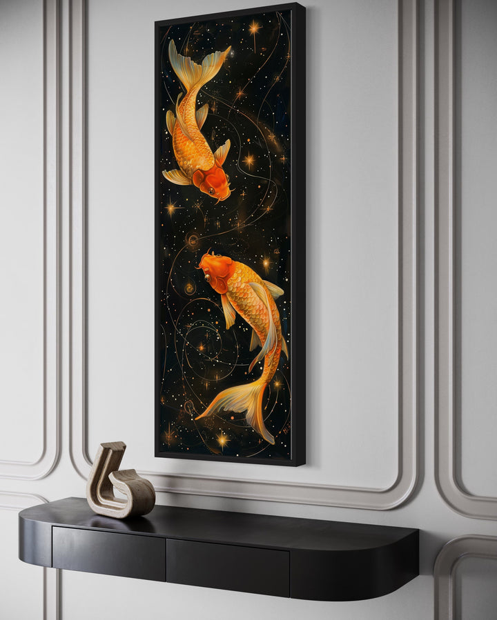 close up side view of Tall Narrow Gold Fish On Black Vertical Wall Art Aqua Gleam"