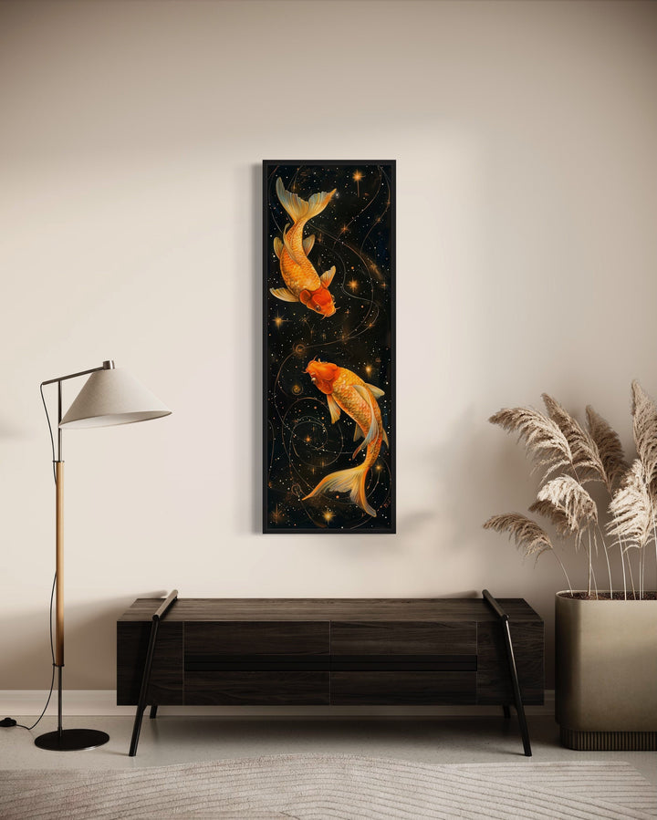 Tall Narrow Gold Fish On Black Vertical Wall Art Aqua Gleam" in modern room