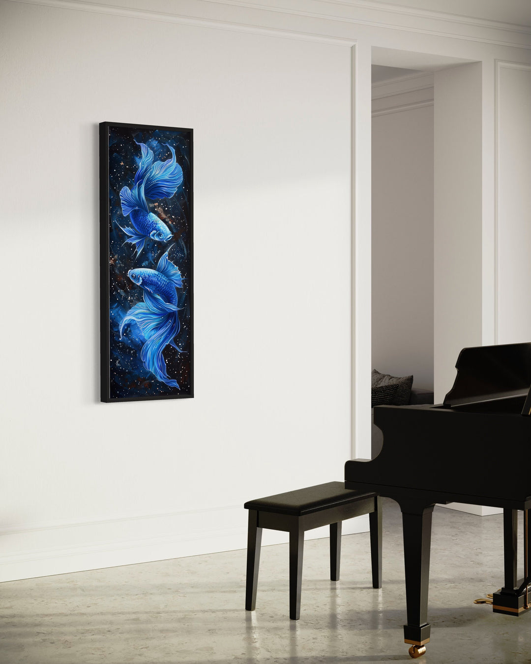 Tall Narrow Blue Betta Fish On Black Vertical Wall Art "Sapphire Swirl" in music room with piano