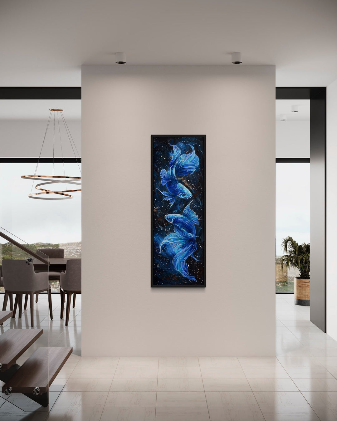 Tall Narrow Blue Betta Fish On Black Vertical Wall Art "Sapphire Swirl" in modern office