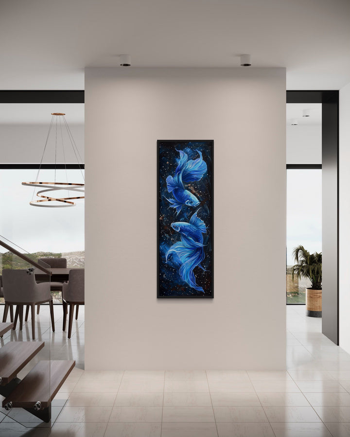 Tall Narrow Blue Betta Fish On Black Vertical Wall Art "Sapphire Swirl" in modern office