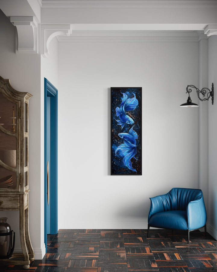 Tall Narrow Blue Betta Fish On Black Vertical Wall Art "Sapphire Swirl" in room with blue accents
