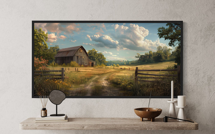 Old Barn In The Farm Landscape Framed Canvas Wall Art close up