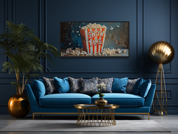 Popcorn Painting Wall Art above blue couch