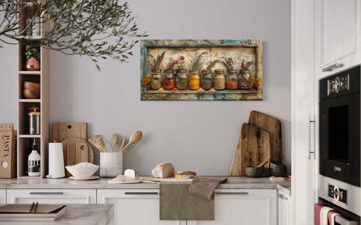 Spices In Jars Rustic Farmhouse Kitchen Framed Canvas Wall Art in the kitchen