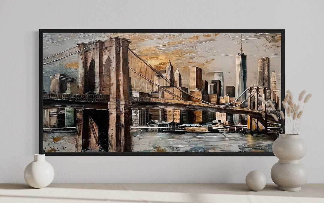 Brooklyn Bridge In New York City Abstract Framed Canvas Wall Art