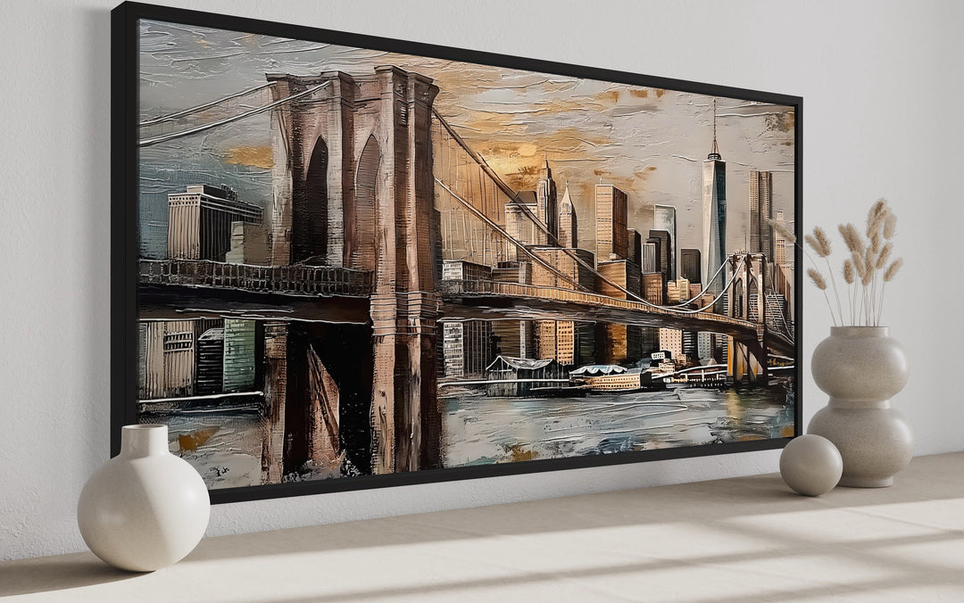 Brooklyn Bridge In New York City Abstract Framed Canvas Wall Art