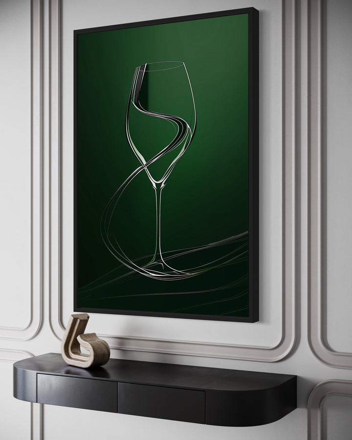 Wine Glass Elegant Painting Emerald Green Framed Canvas Wall Art For Dining Room side view