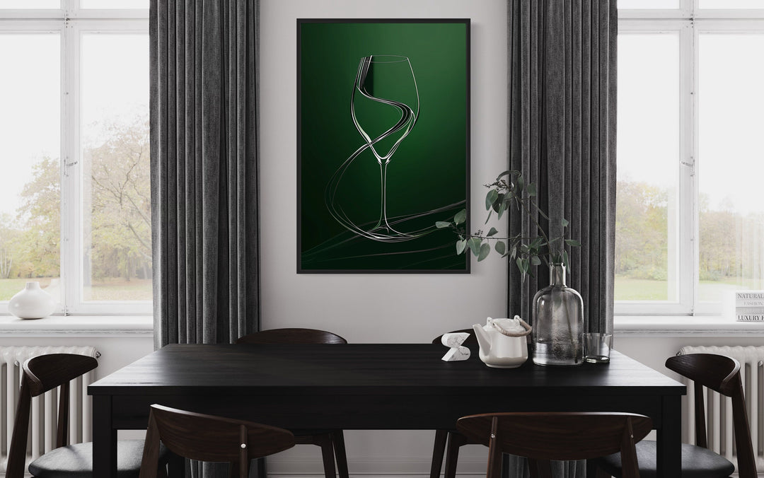 Wine Glass Elegant Painting Emerald Green Framed Canvas Wall Art For Dining Room
