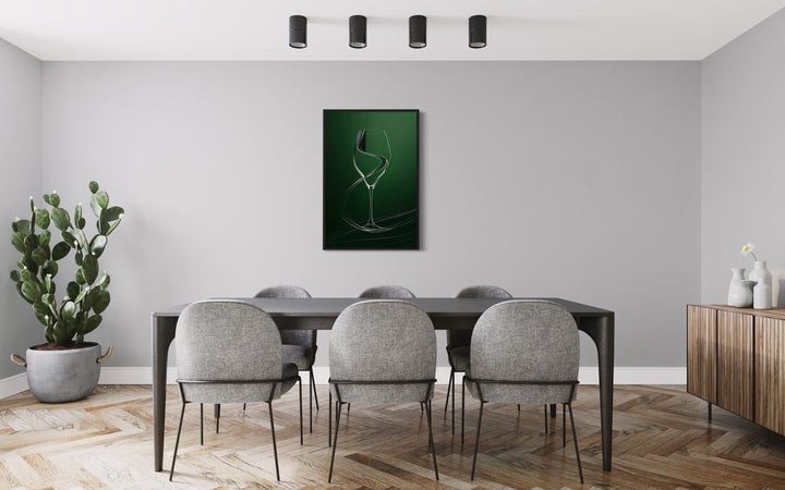 Wine Glass Elegant Painting Emerald Green Framed Canvas Wall Art in Dining Room