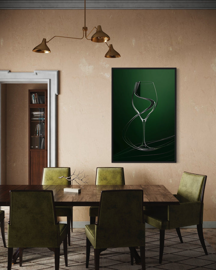 Wine Glass Elegant Painting Emerald Green Framed Canvas Wall Art in Dining Room