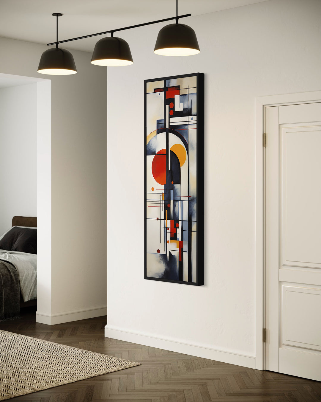Tall Narrow Bauhaus Geometric Vertical Wall Art in living room