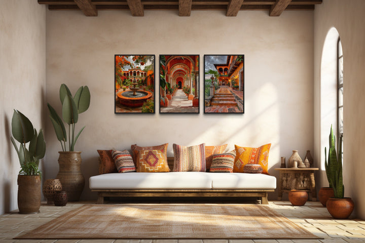 Set Of Three Mexican Hacienda Wall Decor above beige couch