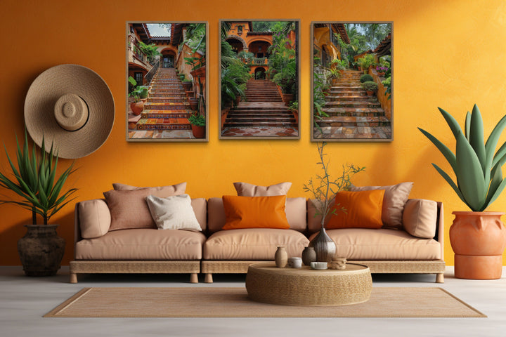 Set Of Three Hacienda Stairs Colonial Architecture Mexican Wall Art in colorful mexican room