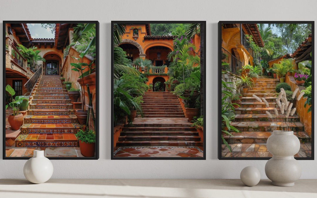 Set Of Three Hacienda Stairs Colonial Architecture Mexican Wall Art