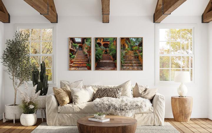 Set Of Three Hacienda Stairs Colonial Architecture Mexican Wall Art above beige couch