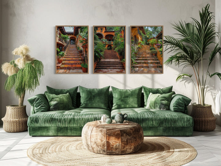 Set Of Three Hacienda Stairs Colonial Architecture Mexican Wall Art above green couch