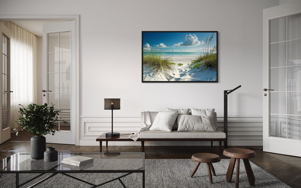 Sand Dunes And Grass On The Beach Costal Framed Canvas Wall Art in living room