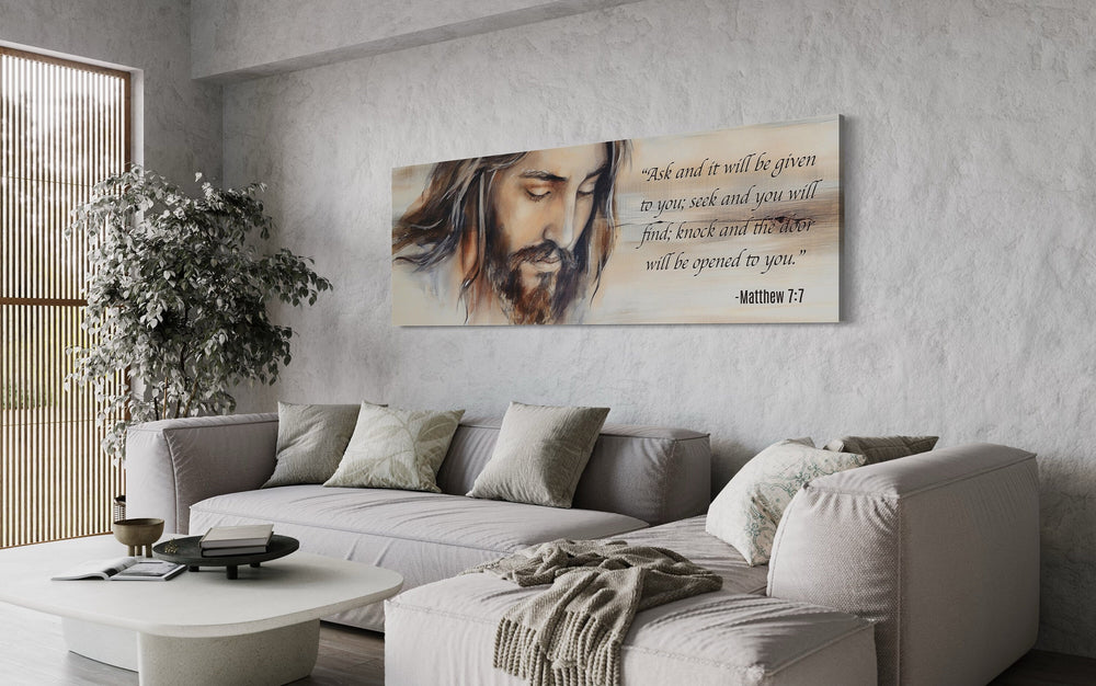Scripture Wall Art Ask And It Will Be Given Horizontal Canvas above grey couch