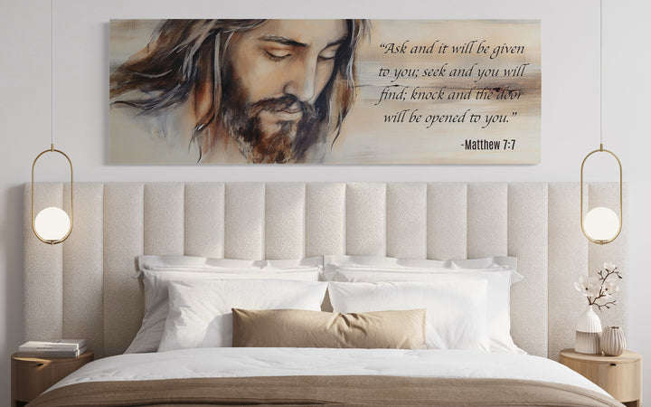Scripture Wall Art Ask And It Will Be Given Horizontal Canvas above white bed