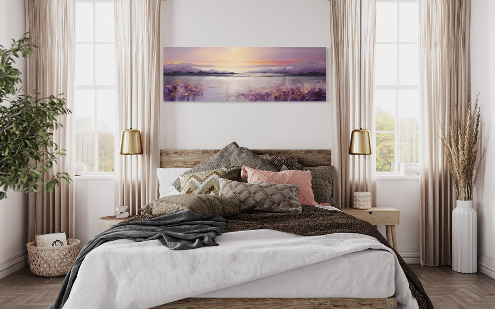 Purple Mountain Lake Sunset Painting long Horizontal Wall Art above bed