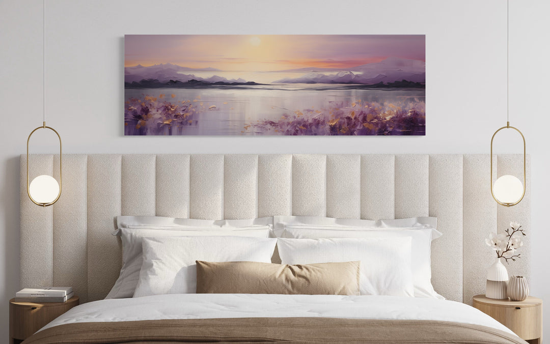 Purple Mountain Lake Sunset Painting long Horizontal Wall Art above bed