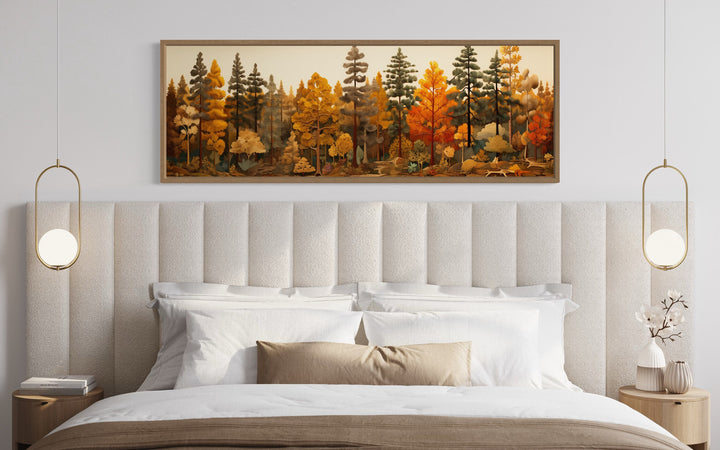 Autumn Forest Painting On Wood Long Horizontal Wall Art above bed