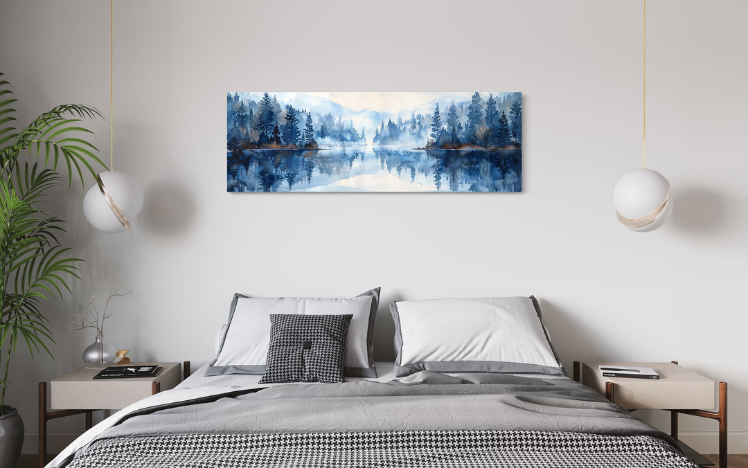 Navy Blue Lake Long Narrow Horizontal Landscape Above Bed Wall Decor